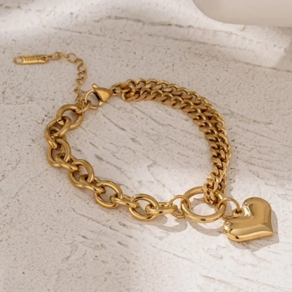 ^NEW 18K Gold Plated Chunky Link Chain Heart Circle Bracelet